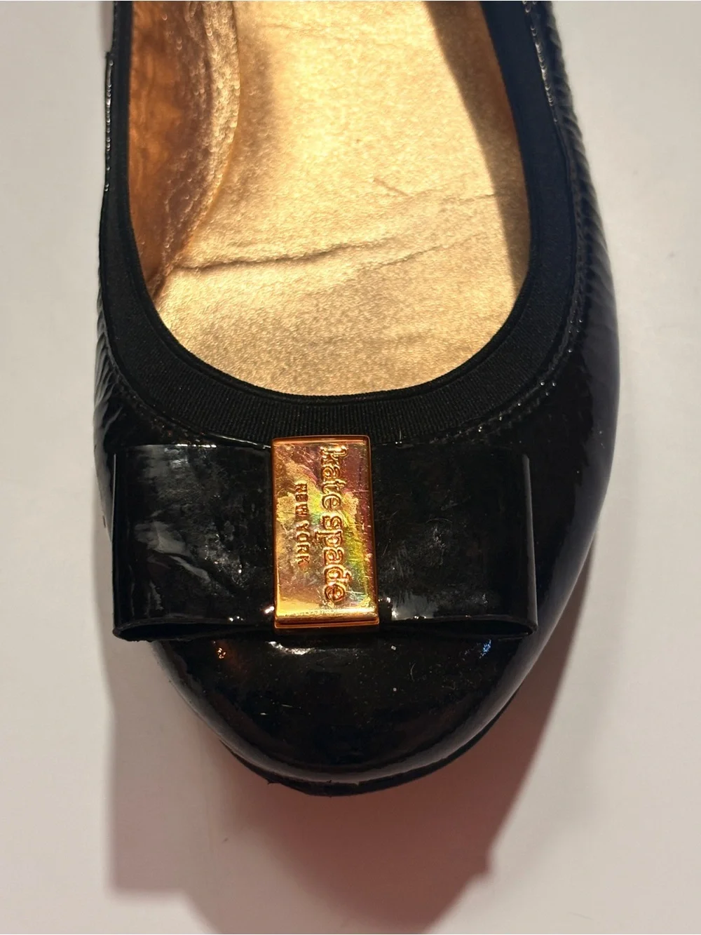 kate spade Black Patent Leather Bow Flats with Gold Plaque